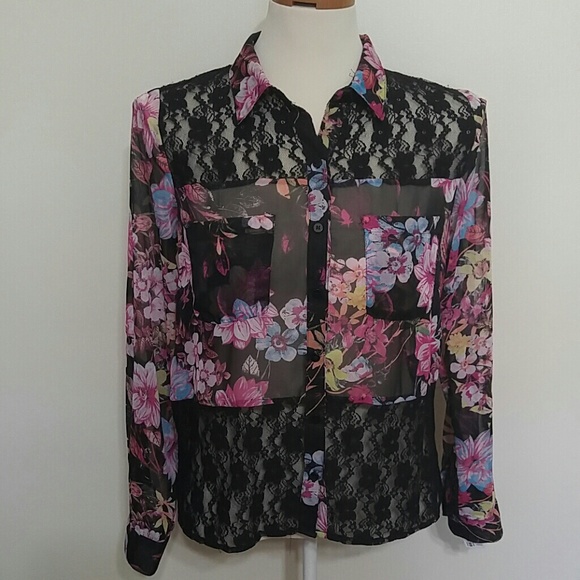 BONGO Tops - Bongo sheer and lace floral button up size small